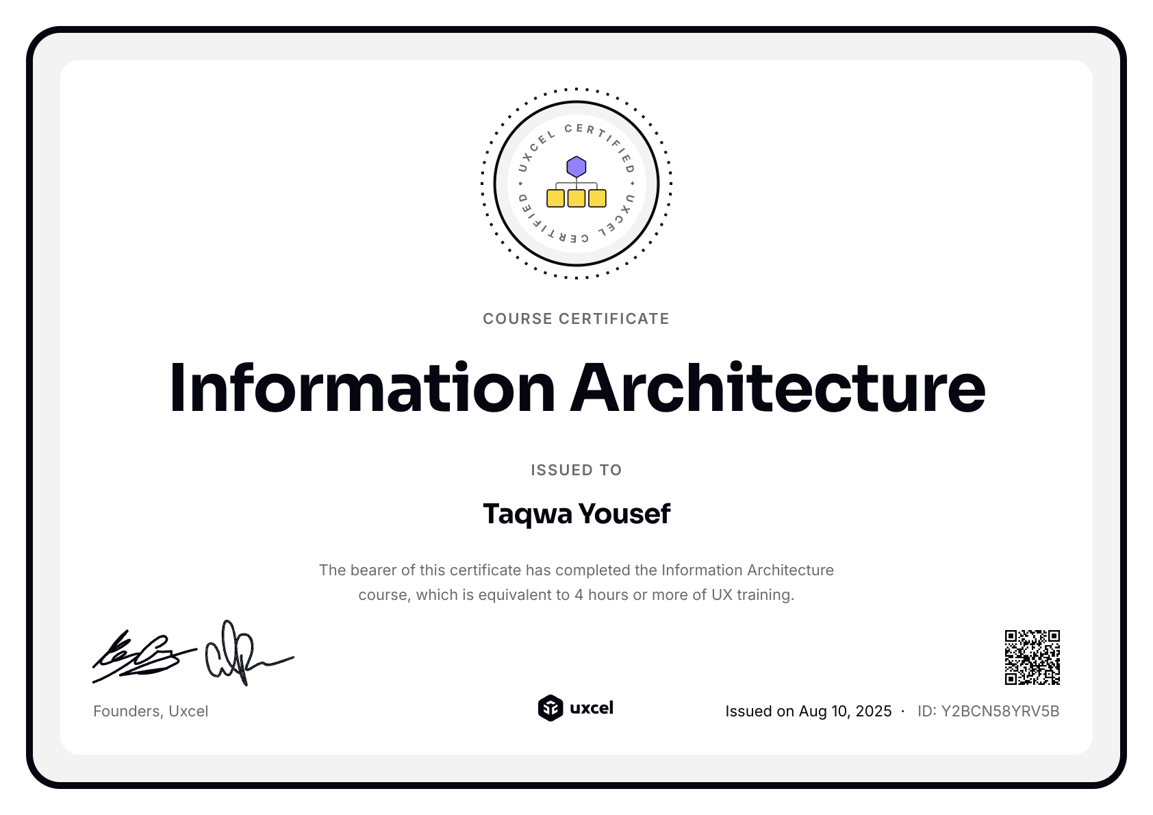 Taqwa Yousef's certificate